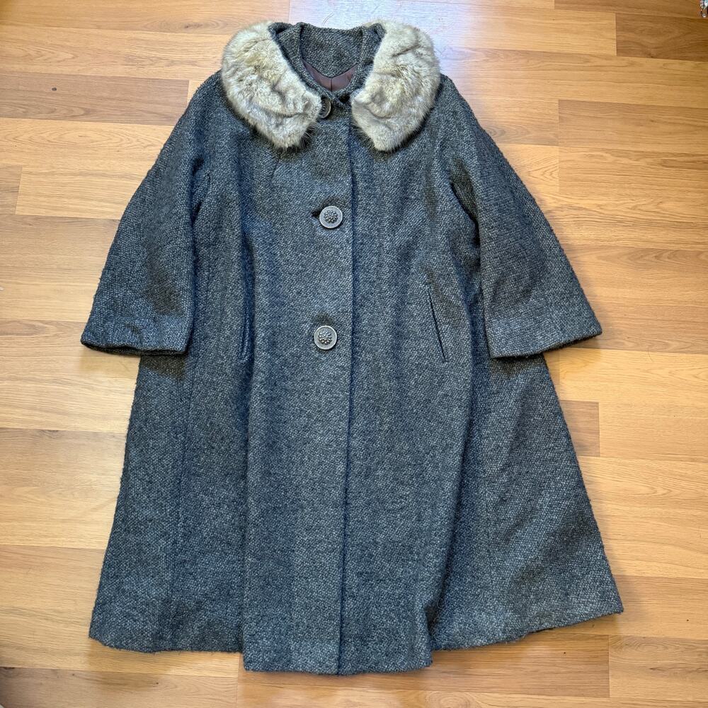 Women's Vintage 1950's Betty Rose Gray Wool Swing Coat Jacket Fur Collar Sz L